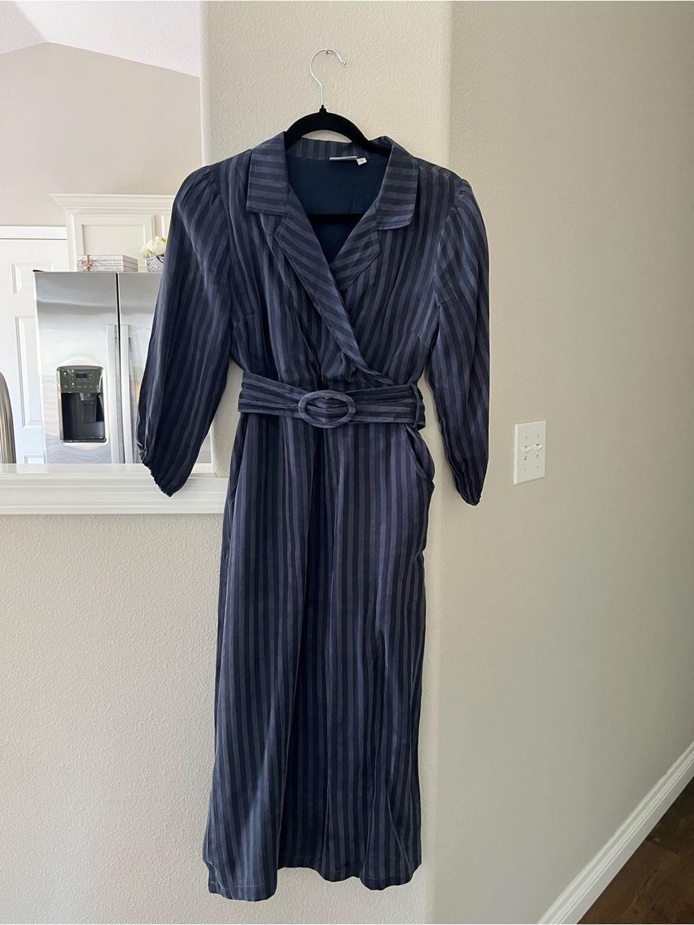 Anthropologie Navy and Black Striped Wrap Dress with Belt
